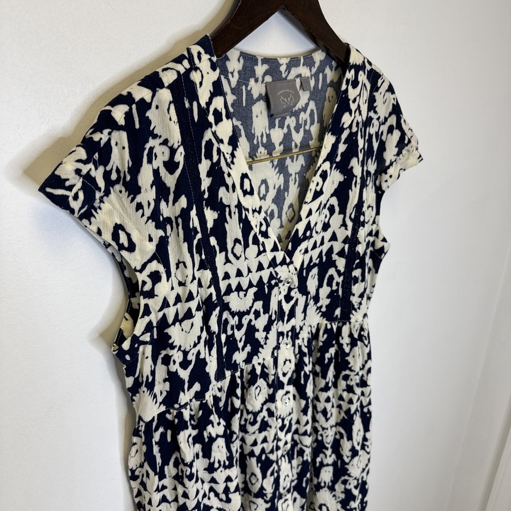 Anthropologie Womens Shirt Top Small Navy Blue White Boho Ikat  Venessa Virginia